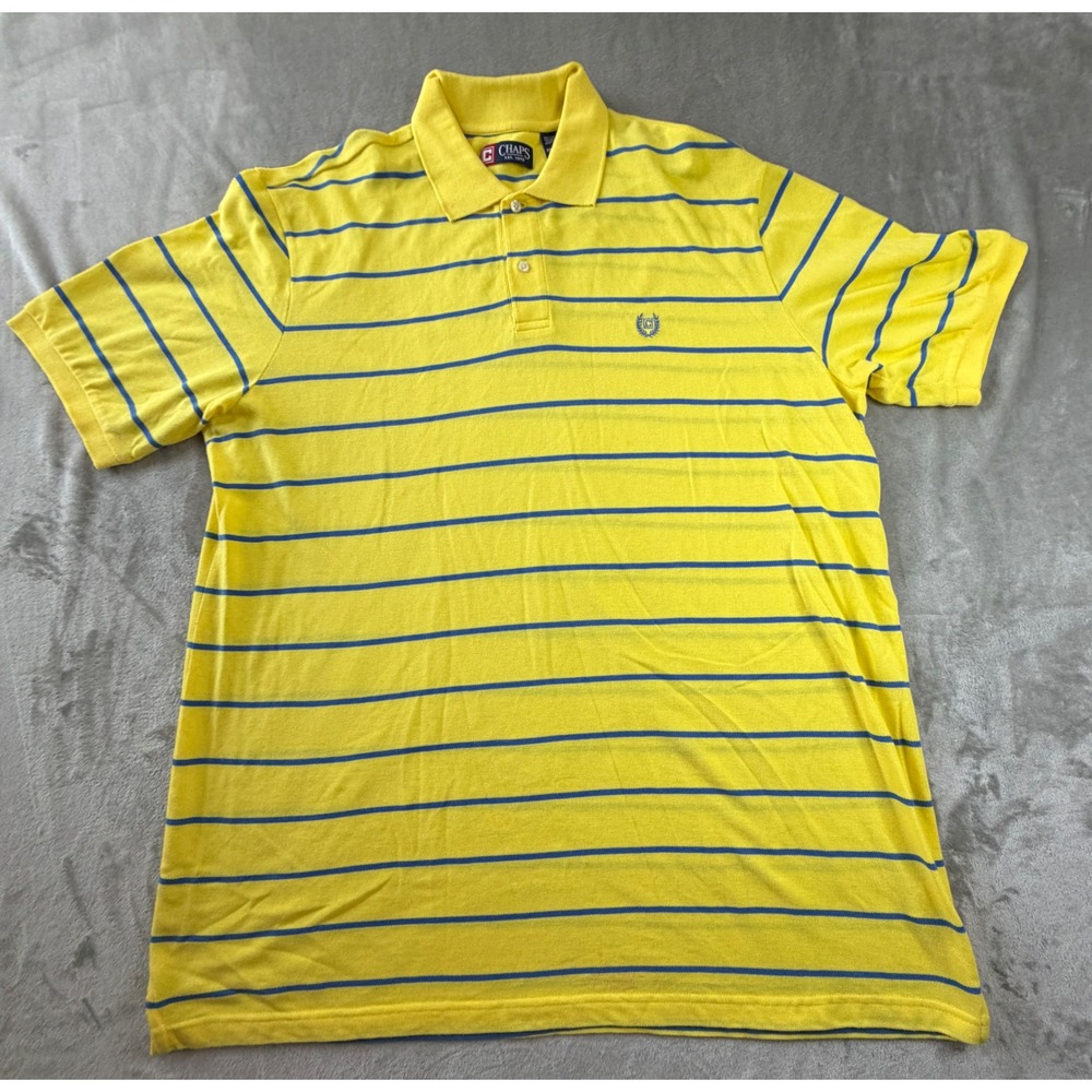 Chaps Polo Shirt Mens 2XT Yellow Blue Striped Short Sleeve Cotton Pique